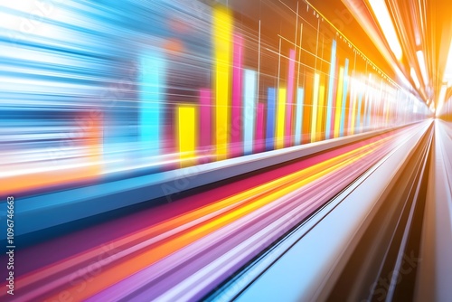 Abstract motion blur image depicting vibrant digital graphs and data visualization elements suggesting speed, technology advancement, and dynamic growth in modern analytics.