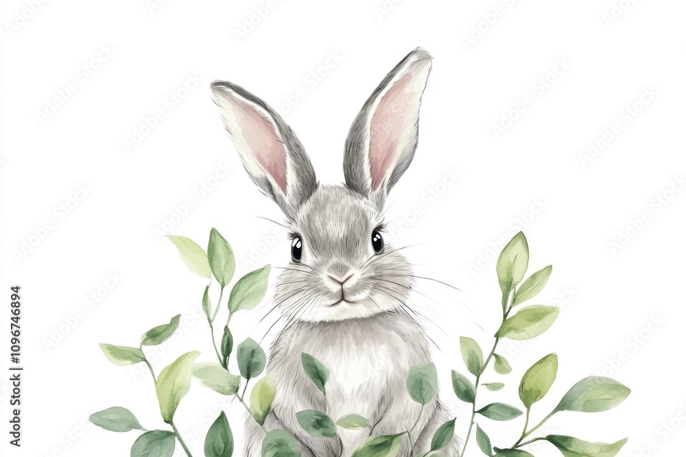 A whimsical illustration of a rabbit nestled among lush green leaves A whimsical illustration of a rabbit nestled among lush green leaves