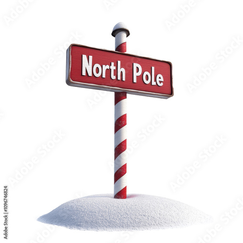 A 3D rendered image depicts a North Pole sign on a candy cane post in the snow.