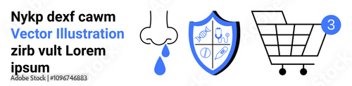 Human nose with runny droplet, shield of health symbols, shopping cart notification. Ideal for health care, medicine, immunity, allergies, e-commerce, convenience, disease prevention. Landing page
