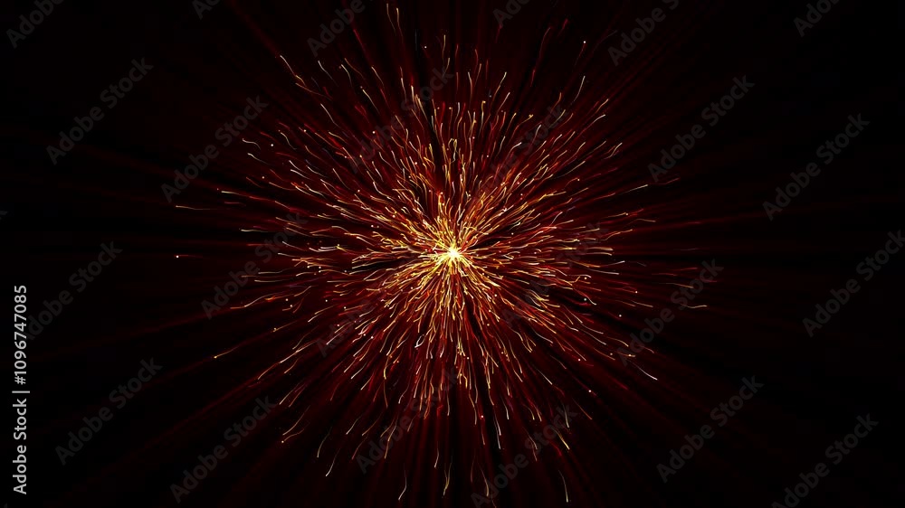 Abstract flowing and emitting fireworks particle animation in red, yellow and orange colors and ray animation Abstract flowing and emitting fireworks particle animation in red, yellow and orange colors and ray animation