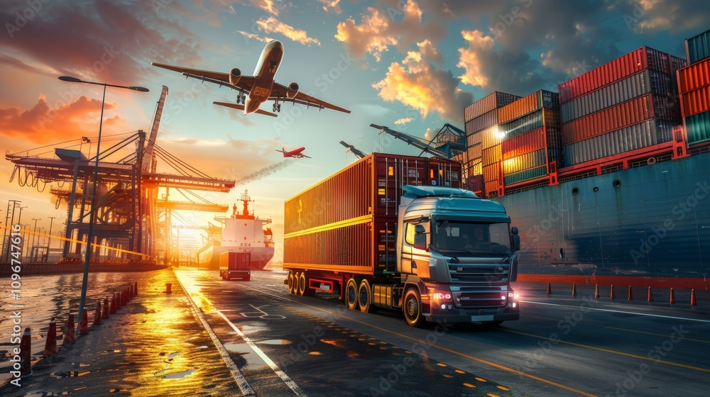 Container truck in ship port for business Logistics and transportation of Container Cargo ship and Cargo plane with working crane bridge in shipyard at sunrise, logistic import export and transport Container truck in ship port for business Logistics and transportation of Container Cargo ship and Cargo plane with working crane bridge in shipyard at sunrise, logistic import export and transport