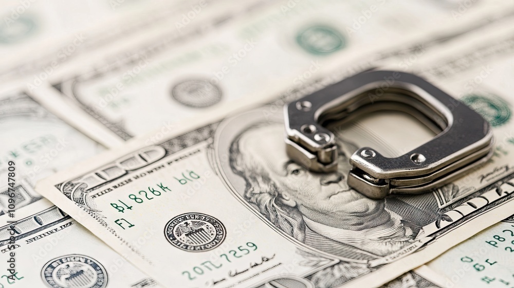 Handcuffs restraining dollar bills symbolize financial control and restriction against a clean white background Handcuffs restraining dollar bills symbolize financial control and restriction against a clean white background