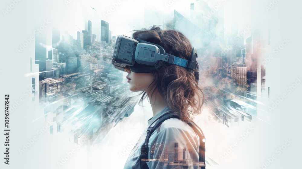 Double exposure photography of close up VR gamer and the beautiful sci-fi city, technology, headset, virtual, device, future, futuristic, modern, digital. Double exposure photography of close up VR gamer and the beautiful sci-fi city, technology, headset, virtual, device, future, futuristic, modern, digital.