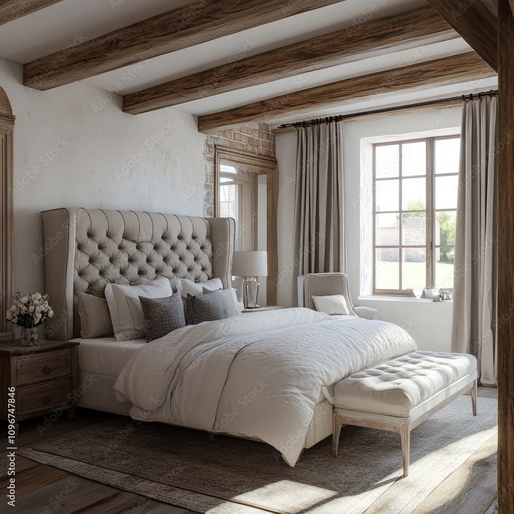 Fototapeta premium Modern Retro Farmhouse Bedroom Design with Cozy Vintage Elements