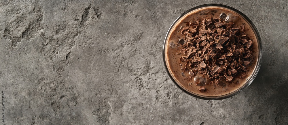 A close-up of a chocolate drink topped with chocolate shavings on a textured surface. A close-up of a chocolate drink topped with chocolate shavings on a textured surface.