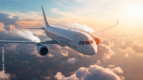 Aircraft releasing particles into the atmosphere, symbolizing environmental impact and the balance between technological advancement and ecological responsibility.