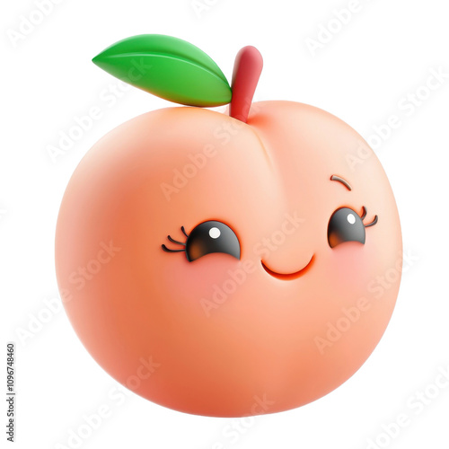 A 3D rendered illustration of a smiling peach cartoon character with a playful expression.