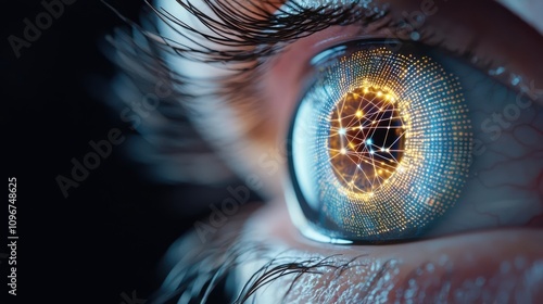 Close-up of an eye showcasing a digital network within the iris, symbolizing technology.