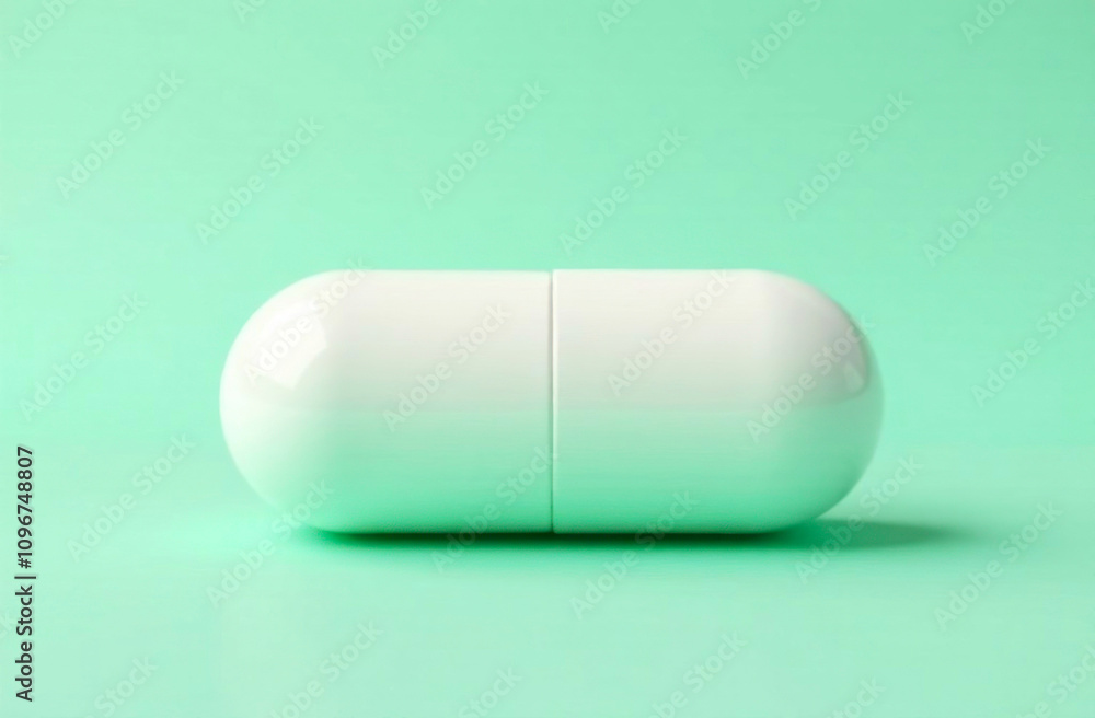 A sleek white capsule placed on a smooth mint green background highlights modern simplicity and elegance in design A sleek white capsule placed on a smooth mint green background highlights modern simplicity and elegance in design