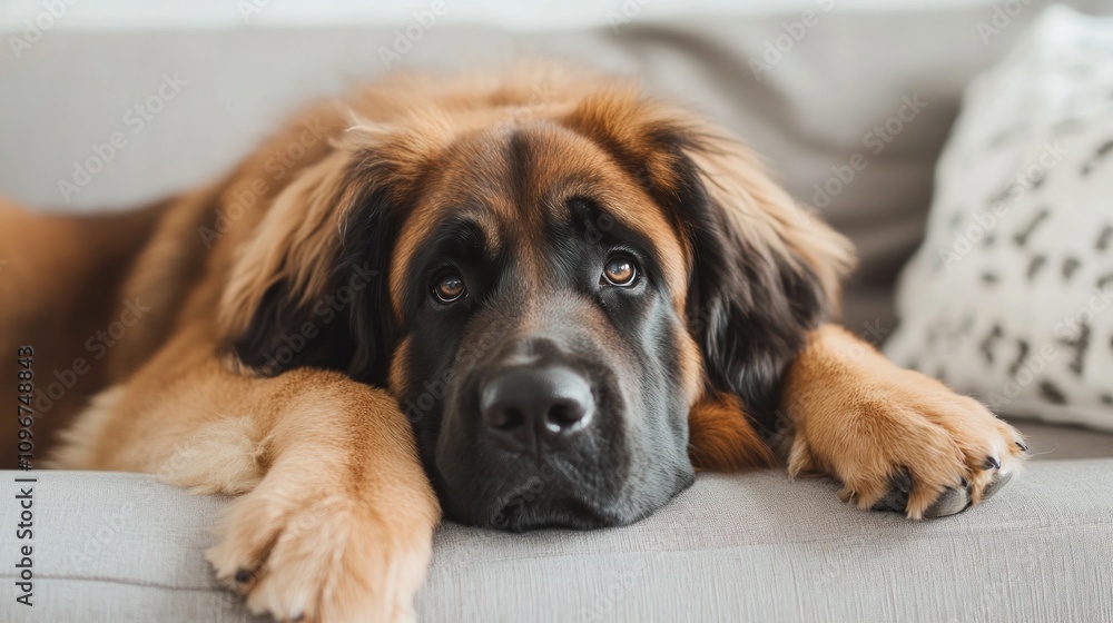 A close-up of a Leonberger dog resting on a couch, showcasing its expressive eyes. A close-up of a Leonberger dog resting on a couch, showcasing its expressive eyes.
