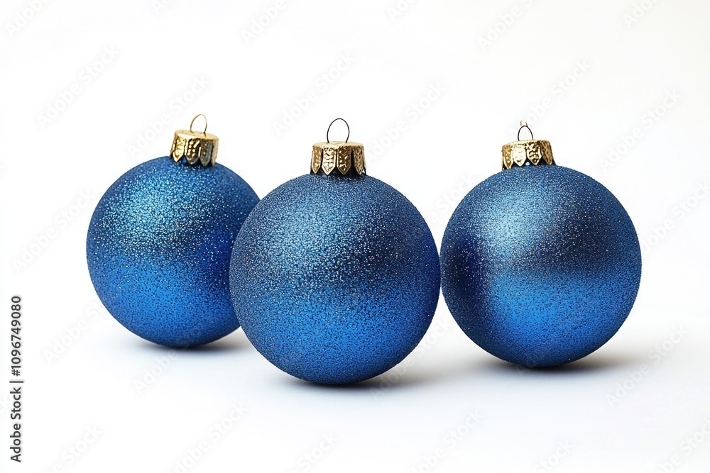 Three shiny blue Christmas ornaments on a white background Three shiny blue Christmas ornaments on a white background