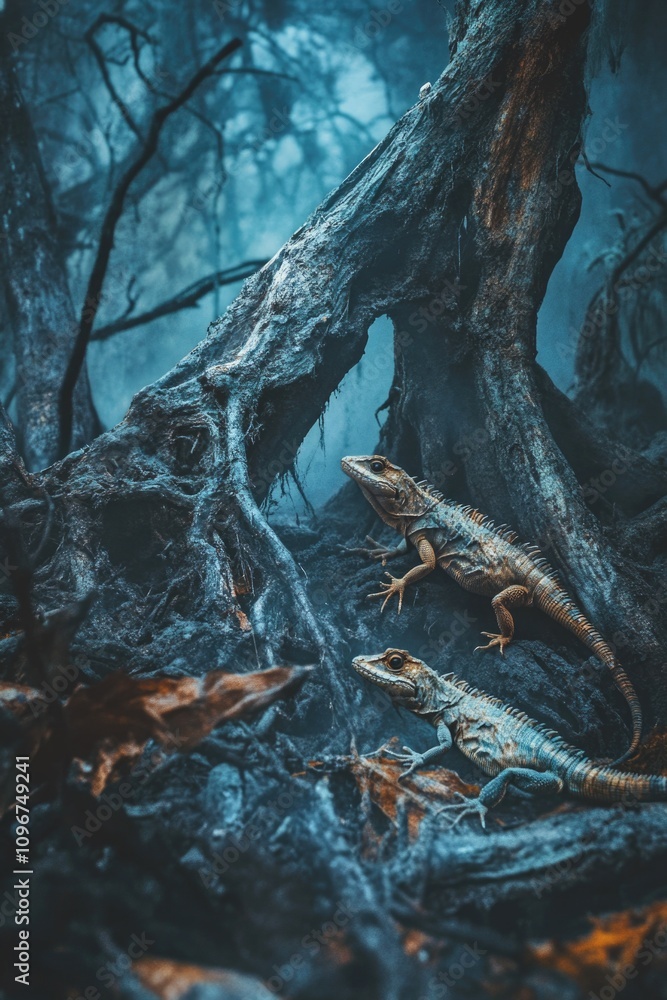 Fototapeta premium A lizard sits atop a tree branch in a forest, a quiet moment of rest