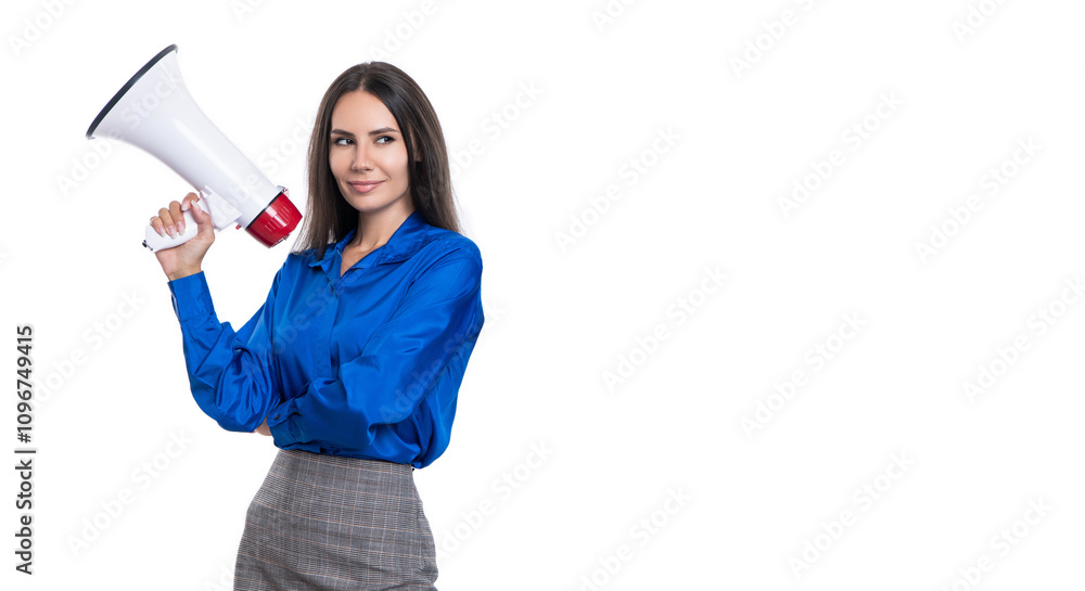 attention please. businesswoman with loudspeaker announce business. new business announcement. female boss or manager isolated on white. businesswoman announce a problem attention please. businesswoman with loudspeaker announce business. new business announcement. female boss or manager isolated on white. businesswoman announce a problem