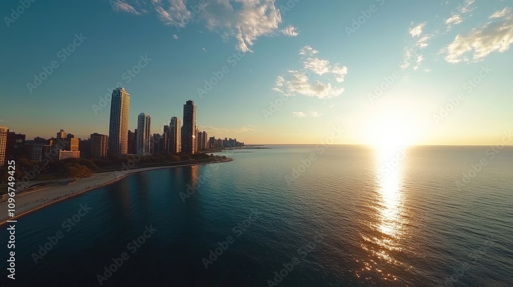 Fototapeta premium Aerial View of Chicago Skyline and Lake Michigan from Drone on Sunny Day