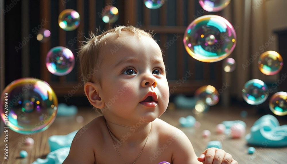 A baby is laying on the floor and looking up at the bubbles. The bubbles are in various colors and sizes, creating a playful and fun atmosphere A baby is laying on the floor and looking up at the bubbles. The bubbles are in various colors and sizes, creating a playful and fun atmosphere