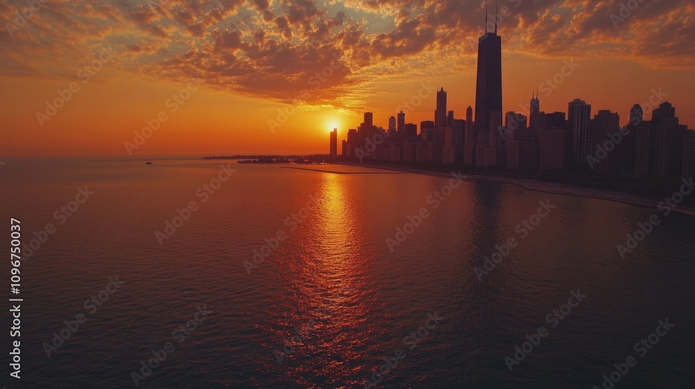 The sun sets behind the city buildings with a beautiful orange glow The sun sets behind the city buildings with a beautiful orange glow