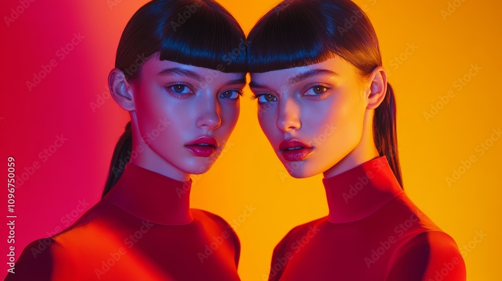Symmetric Elegance: Twin High-Fashion Models in Bold Colors and Sleek Styles for Magazine Cover Symmetric Elegance: Twin High-Fashion Models in Bold Colors and Sleek Styles for Magazine Cover