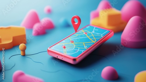 Wallpaper Mural Smartphone with map, 3D Map pins, GPS, navigator pin checking points, 3D World Map icon, technology and application mobile smart phone with mobile, delivery tracking, transportation, generate by AI. Torontodigital.ca