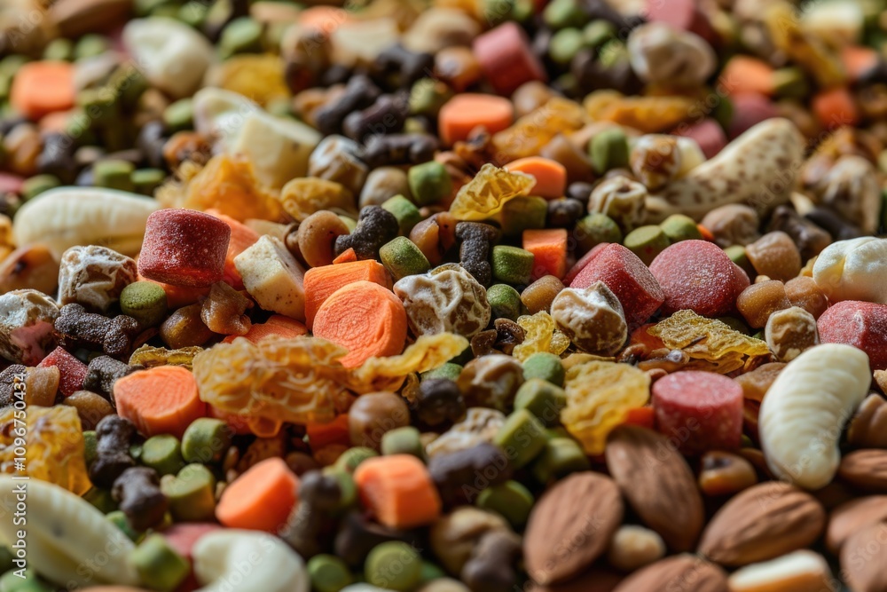A colorful mix of nuts, dried fruits, and vegetables in a bowl