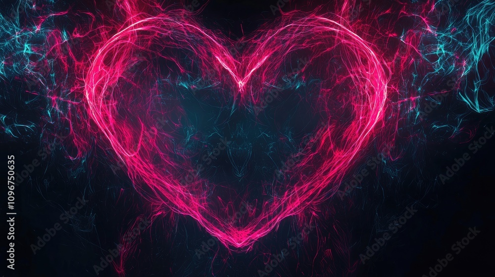 Obraz premium Abstract neon heart shapes with electric pulses, futuristic and dynamic, dark backdrop, high definition.