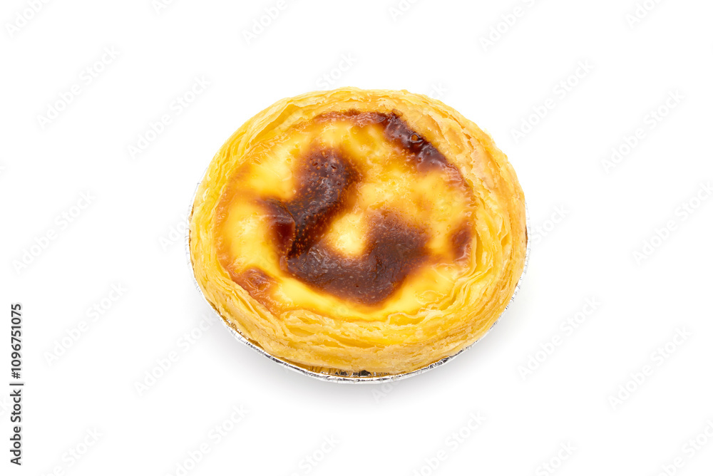 Egg Custard tart (Pastel de nata) in aluminum foil cup isolated on white background. Egg Custard tart (Pastel de nata) in aluminum foil cup isolated on white background.