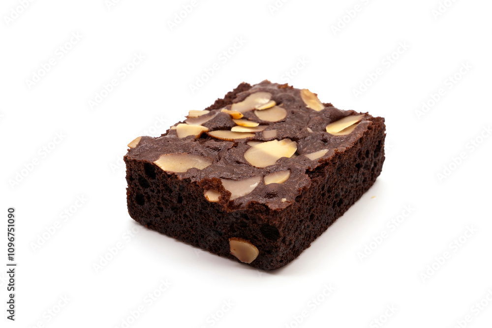 Dark Chocolate Brownie with Almond Slices Topping isolated on white background. Dark Chocolate Brownie with Almond Slices Topping isolated on white background.