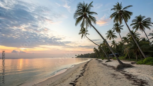 A beautiful tropical beach at dawn with calm ocean and swaying palm trees, tranquility, serene, peaceful, ocean