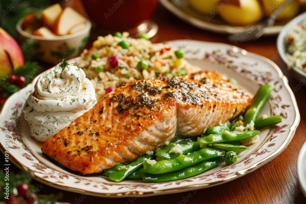 A delicious plate featuring grilled salmon, green beans, rice, and a creamy side. A delicious plate featuring grilled salmon, green beans, rice, and a creamy side.