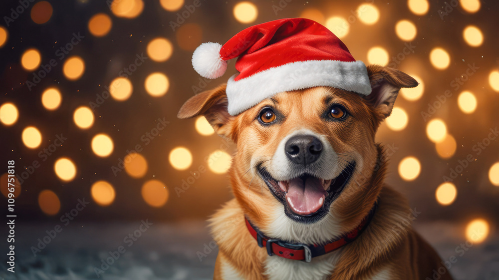 cheerful dog in a Christmas cap against the background of New Year's lights