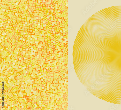 A semicircle of dots. Mosaic. Abstract background with yellow circles. Polka dots pattern. Cover design template. 3D vector for cover, card, postcard, banner, poster, brochure or presentation.