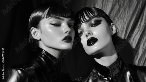 Synchronicity in High Fashion: Twin Models Embracing Monochromatic Chic with Glossy Skin and Contrasting Backdrop