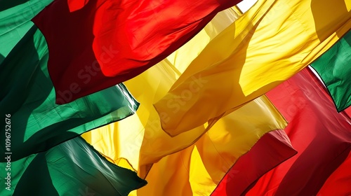 Bright red, yellow, and green flags of various African nations displayed together, celebrating the unity, strength, and cultural heritage of the continent