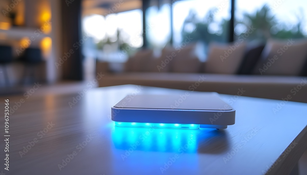close up of white modern router with blue light on the table in blurred living room background, focus at center and depth blur effect, high resolution photography close up of white modern router with blue light on the table in blurred living room background, focus at center and depth blur effect, high resolution photography