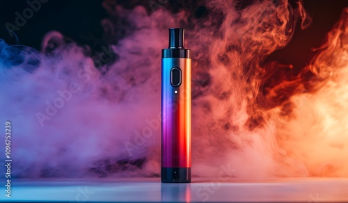 Colorful electronic cigarette set against a dark background with smoke, liquid, and a vape device on a white table. Product photo of vape devices. 