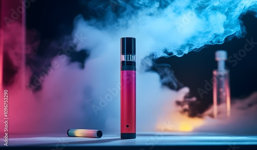 Colorful electronic cigarette set against a dark background with smoke, liquid, and a vape device on a white table. Product photo of vape devices. 
