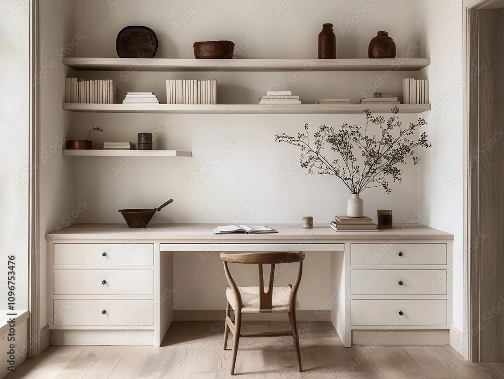 A minimalist libraryoffice featuring builtin shelving, a small desk, and neutral decor for a clean and functional design A minimalist libraryoffice featuring builtin shelving, a small desk, and neutral decor for a clean and functional design