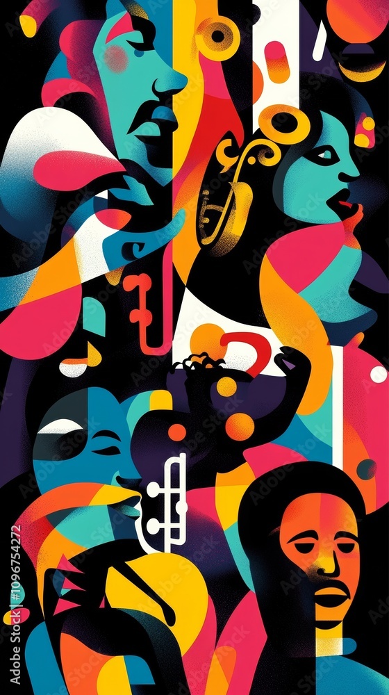 Vibrant Jazz Expressions A Colorful Fusion of Musical Elements and Artistic Faces Vibrant Jazz Expressions A Colorful Fusion of Musical Elements and Artistic Faces