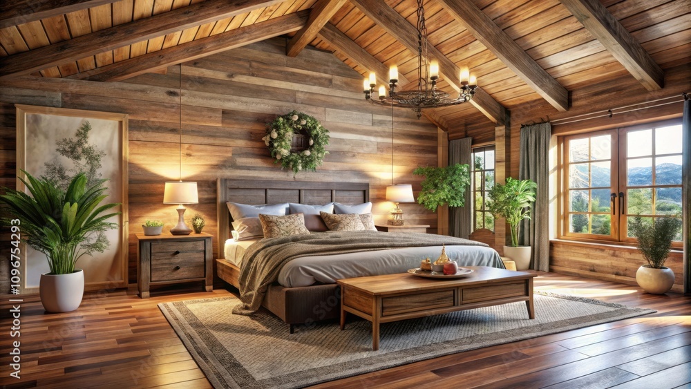 Rustic Cabin Bedroom with a Cozy and Inviting Atmosphere, Featuring a King-Sized Bed with a Wooden Frame, Plush Pillows, and a Warm Throw Blanket, and a Wooden Coffee Table with a Tray of Decor Rustic Cabin Bedroom with a Cozy and Inviting Atmosphere, Featuring a King-Sized Bed with a Wooden Frame, Plush Pillows, and a Warm Throw Blanket, and a Wooden Coffee Table with a Tray of Decor