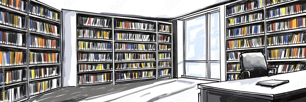 A spacious library with shelves of books and a desk, ideal for reading and studying. A spacious library with shelves of books and a desk, ideal for reading and studying.