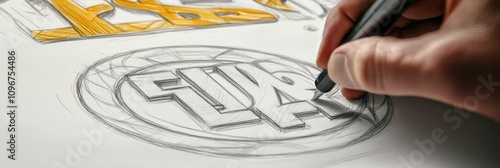 A hand drawing a logo sketch with pencil on paper, showcasing design creativity.