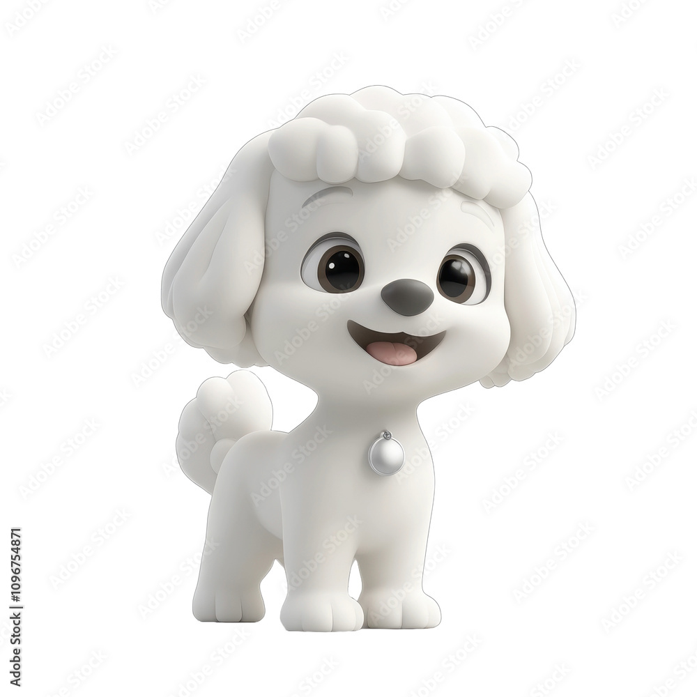 A digitally rendered image of a cute white poodle puppy cartoon character wearing a collar and tag. A digitally rendered image of a cute white poodle puppy cartoon character wearing a collar and tag.