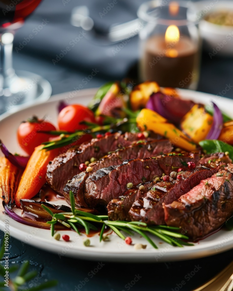 Savoring a closeup of juicy steak with grilled vegetables in a modern restaurant setting with wine glass Savoring a closeup of juicy steak with grilled vegetables in a modern restaurant setting with wine glass