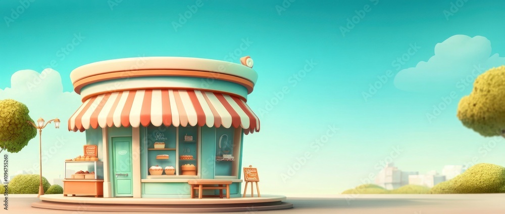 A charming bakery with a striped awning and outdoor seating in a colorful, serene environment. A charming bakery with a striped awning and outdoor seating in a colorful, serene environment.