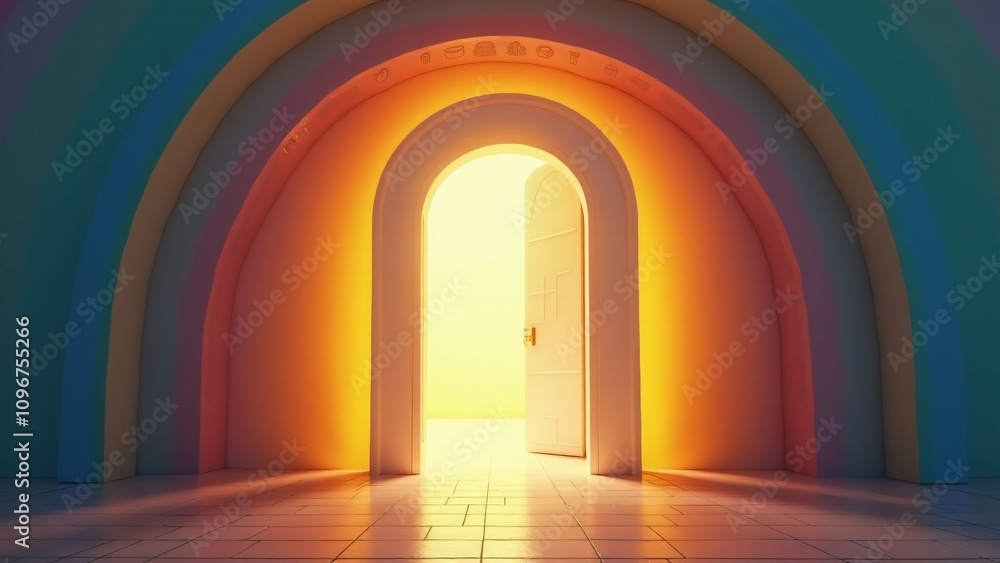 Fototapeta premium An open door surrounded by vibrant rainbow colors, symbolizing inclusivity and welcoming spaces for all individuals regardless of differences.