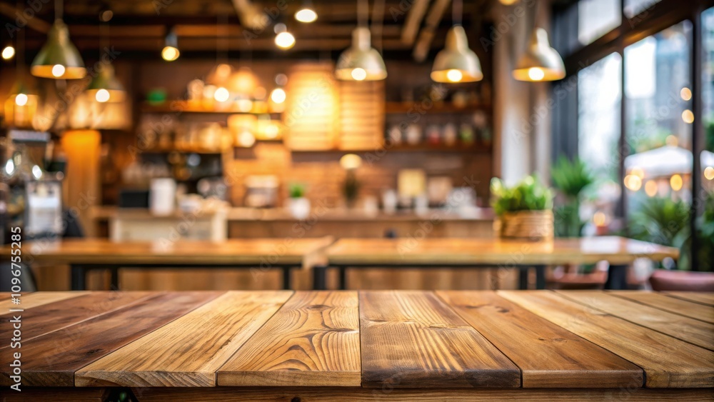 Empty wooden table top with blurred background of a cafe with warm lights and shelves Empty wooden table top with blurred background of a cafe with warm lights and shelves