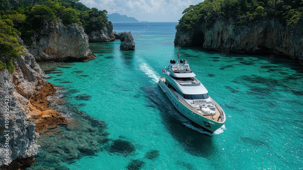 Luxury yacht cruising through tropical turquoise waters near rocky coastline in a serene bay Luxury yacht cruising through tropical turquoise waters near rocky coastline in a serene bay