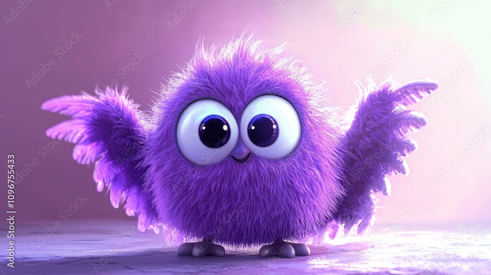 Fototapeta premium Cartoon style: a Creature that is Cute, Purple and Round, with wings