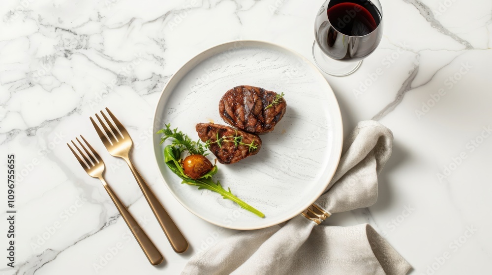 Creating a luxurious dining experience elegant table setting with steak and wine on marble surface Creating a luxurious dining experience elegant table setting with steak and wine on marble surface