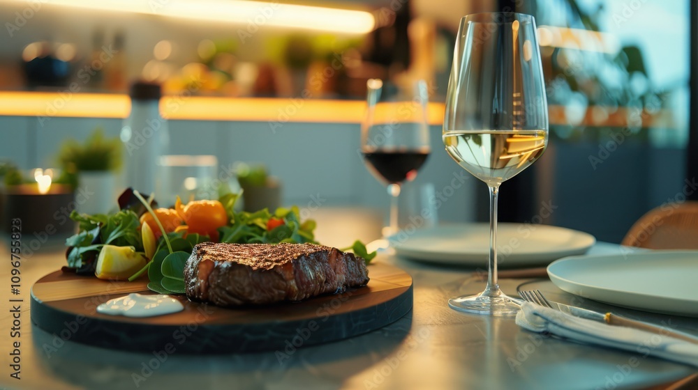 Savoring minimalist dining a steak and wine experience in a subtly lit setting that showcases rich textures
